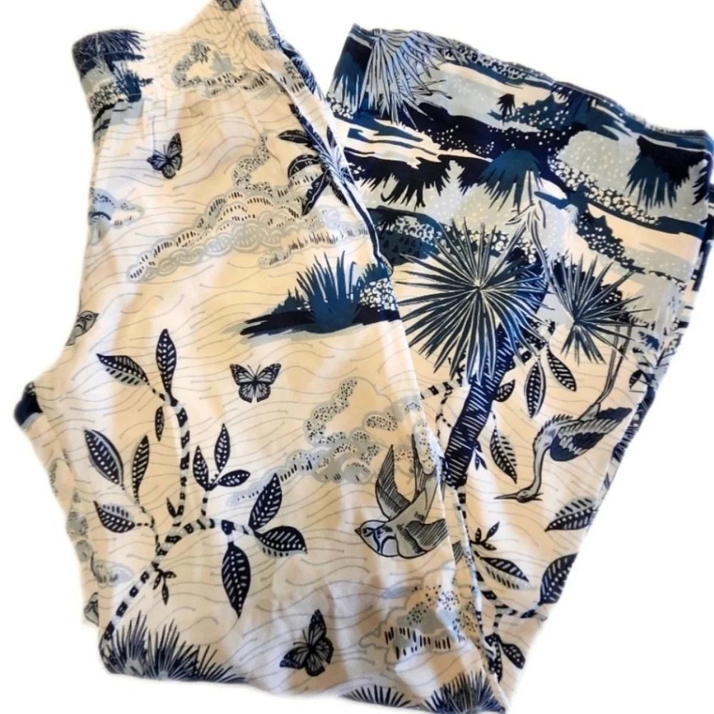 Spartina 449 Maude Palazzo Wide-Leg Pants Tropical Landscape Print Cream Navy, L - Picture 6 of 15